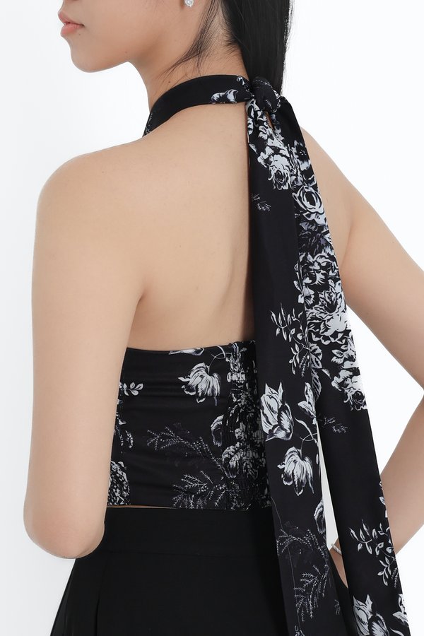 (PREORDER) *TPZ* ASTER HALTER RIBBON TOP IN TOILE DE FORTUNE BLACK TOILE