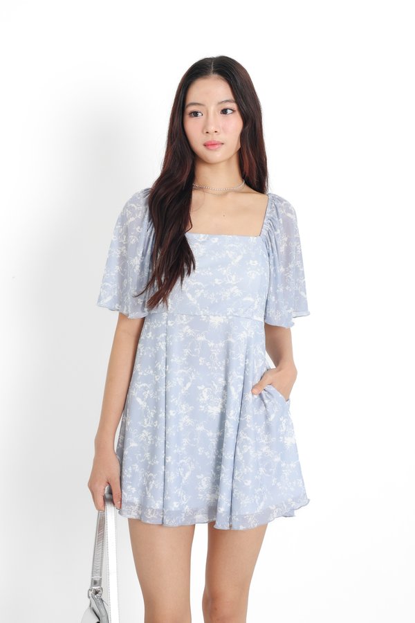 (PREORDER) *TPZ LUXE MESH* ELLE FLUTTER SLEEVES DRESS ROMPER 3.0 WITH DETACHABLE SHORTS IN TOILE DE RIBBON BABY BLUE