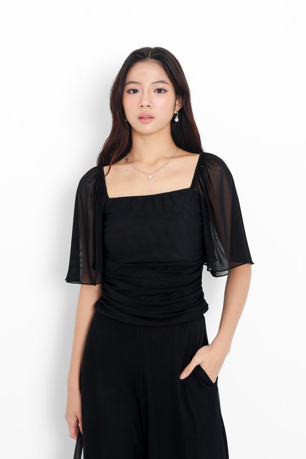 (PREORDER) *TPZ LUXE MESH* CAS FLUTTER SLEEVES TOP IN BLACK