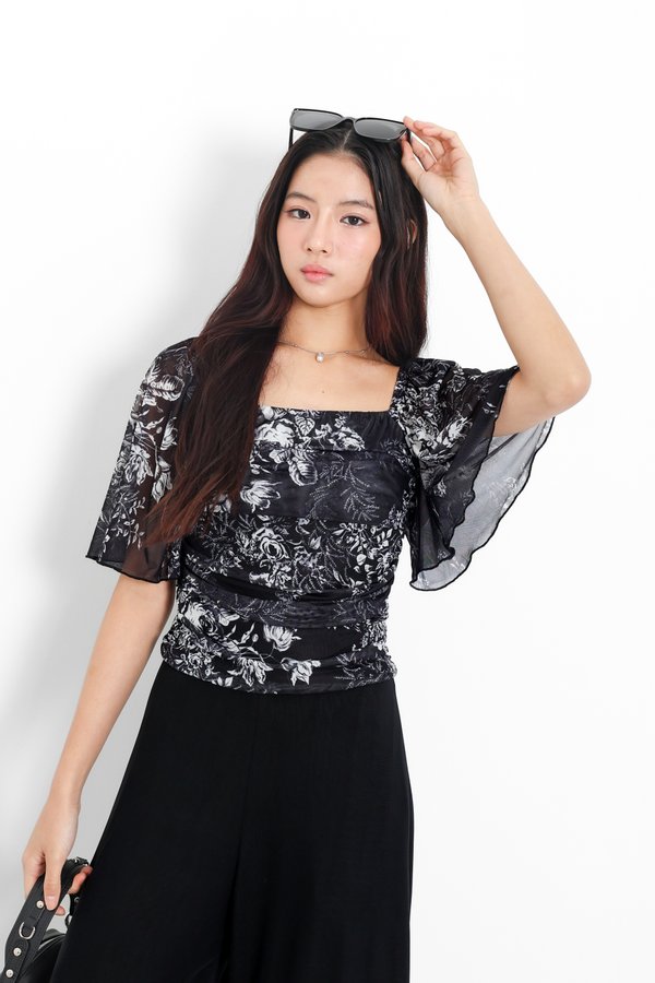 (PO ETA: MID JULY) *TPZ LUXE MESH* CAS FLUTTER SLEEVES TOP IN TOILE DE FORTUNE BLACK