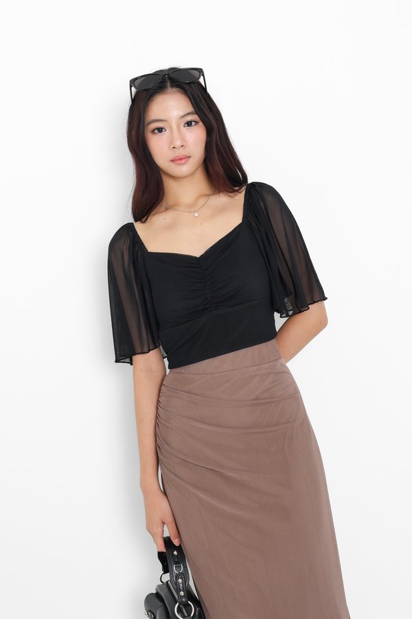 (PREORDER) *TPZ LUXE MESH* DYNASTY FLUTTER SLEEVES TOP 5.0 IN BLACK