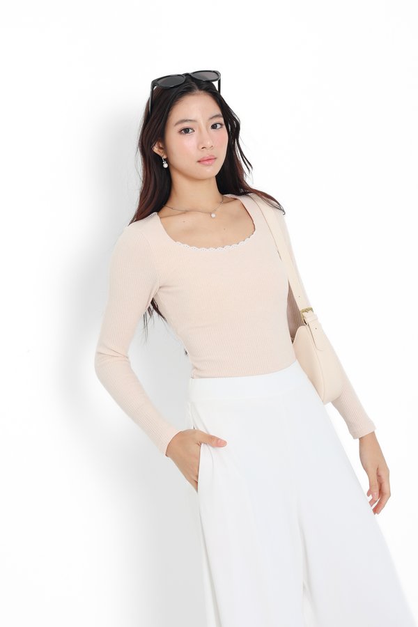 *TPZ* VELA LACE RIBBED LONG SLEEVES TOP IN CHAMPAGNE PINK