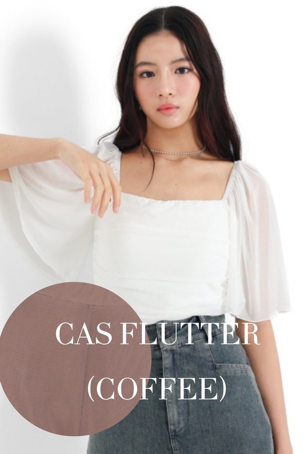 (PO ETA: MID AUG) *TPZ LUXE MESH* CAS FLUTTER SLEEVES TOP IN COFFEE