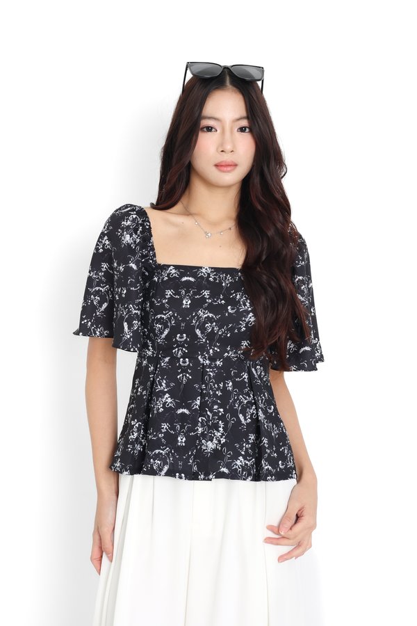*TPZ* ZELDA FLUTTER SLEEVES FLOWY PLEATS TOP IN TOILE DE RIBBON BLACK