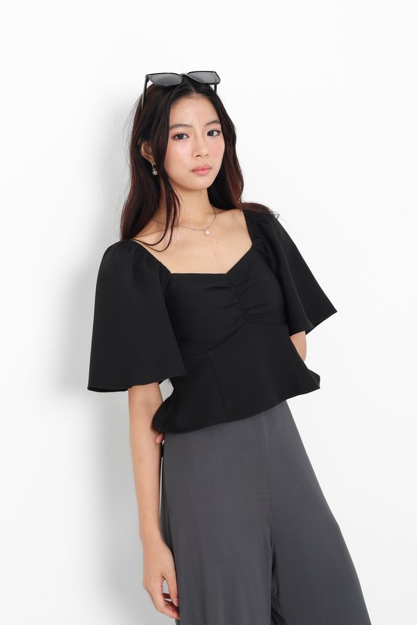 *TPZ* BLAIR SWEETHEART FLUTTER SLEEVES TOP 2.0 IN BLACK