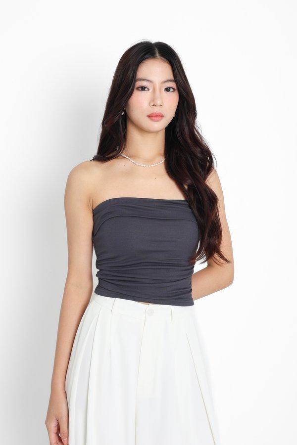 *TPZ* PERFECT CLASSY RUCHED TOP IN GUNMETAL GREY