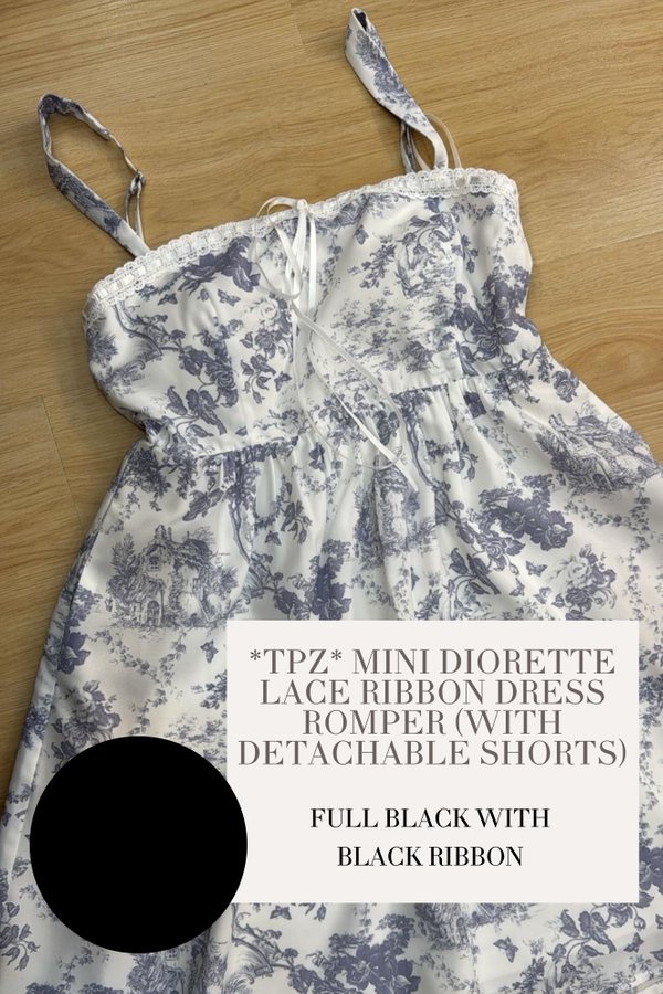 (PO ETA: END AUG) *TPZ* MINI DIORETTE LACE RIBBON DRESS ROMPER (WITH DETACHABLE SHORTS) IN FULL BLACK WiTH BLACK RIBBON