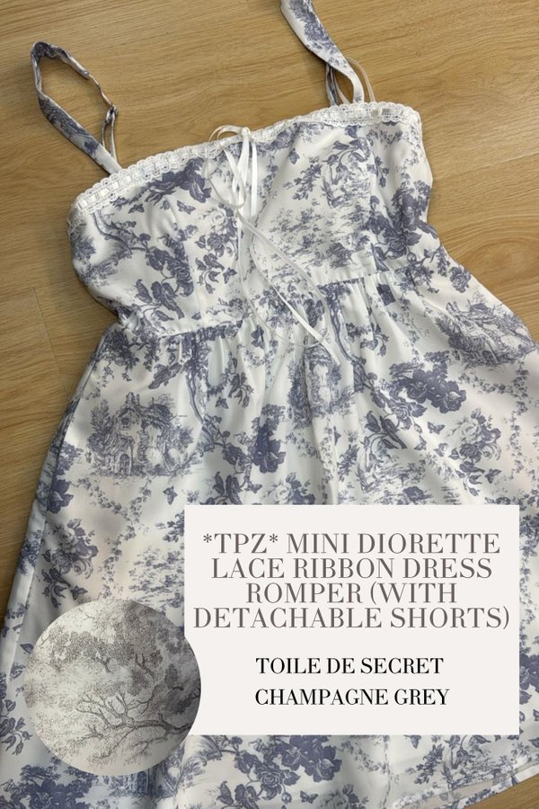 (PO ETA: END AUG) *TPZ* MINI DIORETTE LACE RIBBON DRESS ROMPER (WITH DETACHABLE SHORTS) IN TOILE DE SECRET CHAMPAGNE GREY