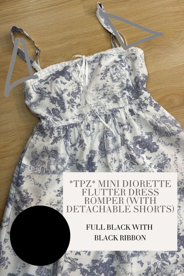 (PO ETA: END AUG) *TPZ* MINI DIORETTE FLUTTER DRESS ROMPER (WITH DETACHABLE SHORTS) IN FULL BLACK WITH BLACK RIBBON