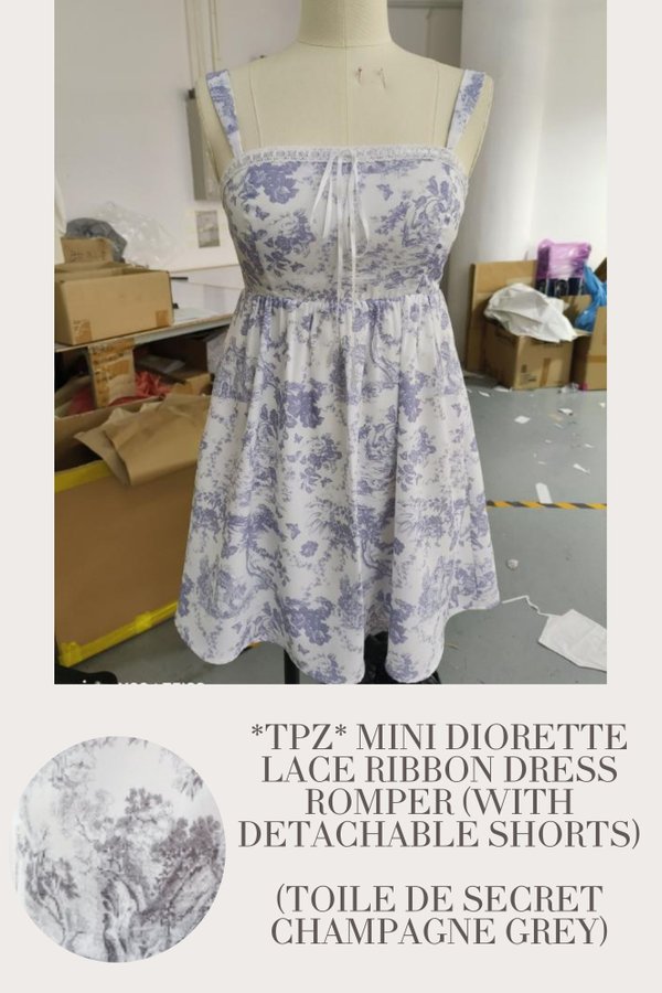 (PO ETA: END AUG) *TPZ* MINI DIORETTE LACE RIBBON DRESS ROMPER (WITH DETACHABLE SHORTS) IN TOILE DE SECRET CHAMPAGNE GREY