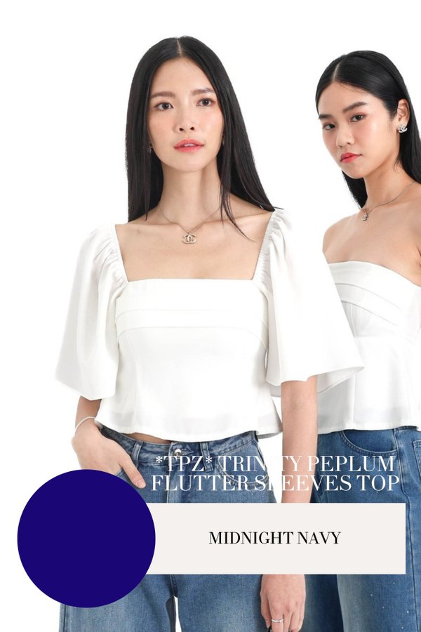 *TPZ* TRINITY PEPLUM FLUTTER SLEEVES TOP IN MIDNIGHT NAVY