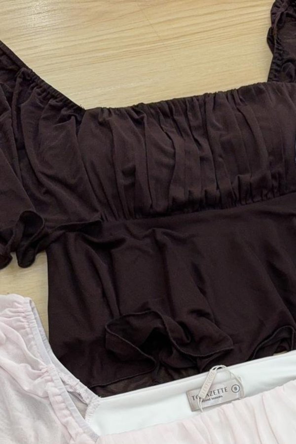 (PO ETA: MID AUG) *TPZ LUXE MESH* WHISPER MESH FLUTTER SLEEVES BABYDOLL TOP 2.0 IN FRIGGIN' BROWN