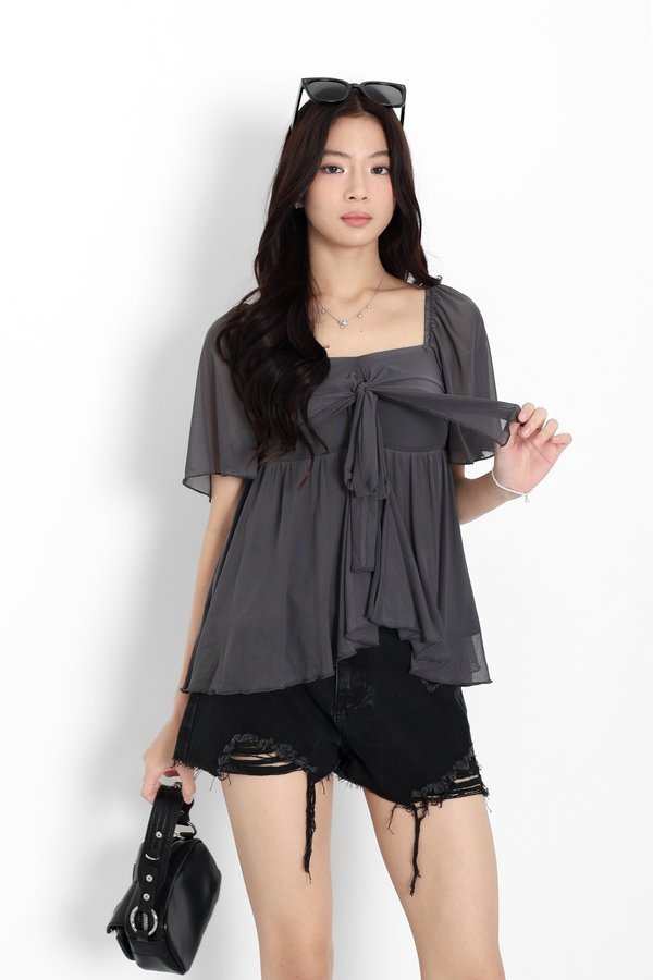 *TPZ LUXE MESH* CARA FLUTTER BABYDOLL TOP IN DARK GREY
