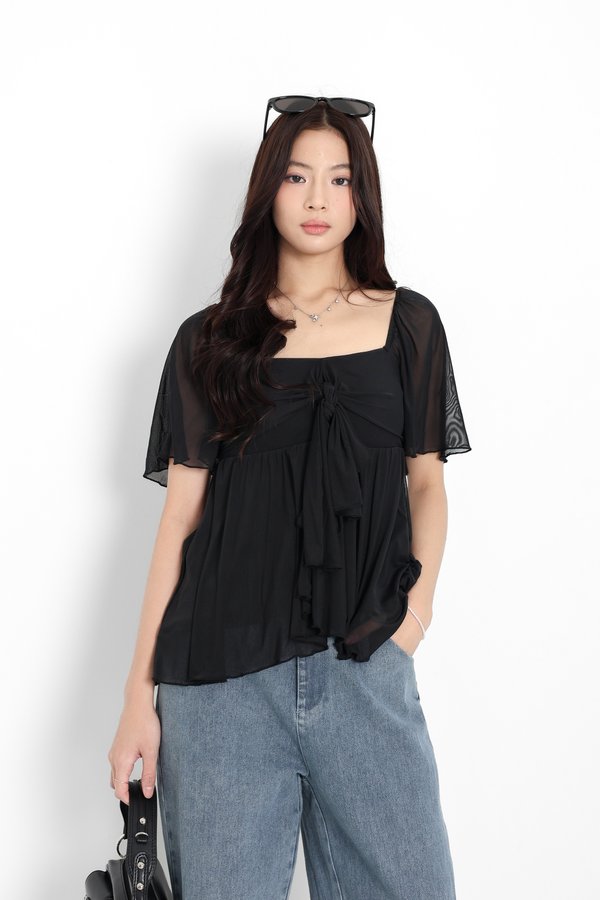 *TPZ LUXE MESH* CARA FLUTTER BABYDOLL TOP IN BLACK