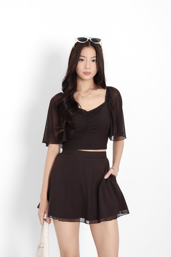 *TPZ LUXE MESH* DYNASTY FLUTTER SLEEVES TOP 5.0 IN FRIGGIN' BROWN