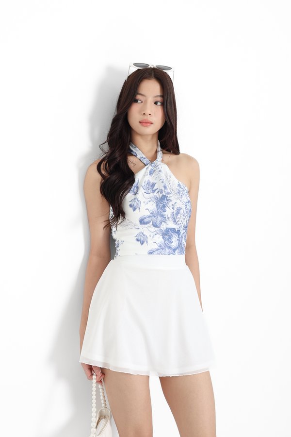 *TPZ* ASTER HALTER RIBBON TOP IN TOILE DE FORTUNE FROSTED BLUE