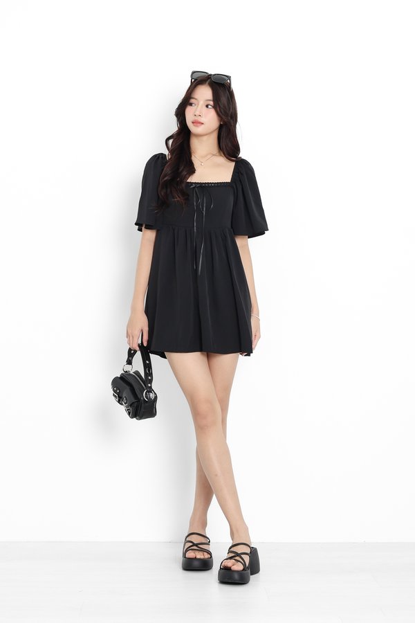 (PO ETA: END AUG) *TPZ* MINI DIORETTE FLUTTER DRESS ROMPER (WITH DETACHABLE SHORTS) IN FULL BLACK WITH BLACK RIBBON