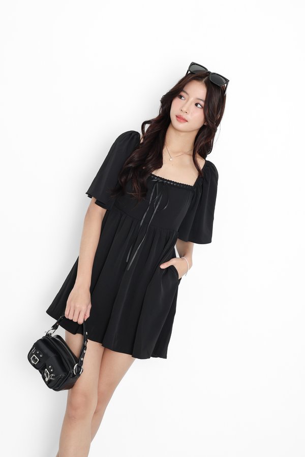 (PO ETA: END AUG) *TPZ* MINI DIORETTE FLUTTER DRESS ROMPER (WITH DETACHABLE SHORTS) IN FULL BLACK WITH BLACK RIBBON
