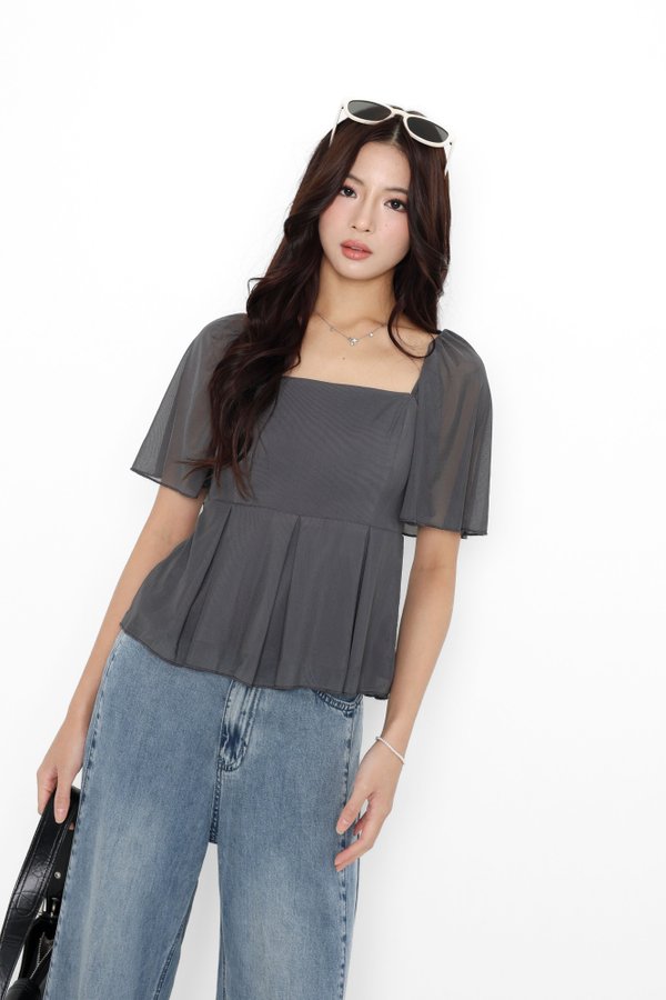 *TPZ LUXE MESH* ZELDA MESH FLUTTER SLEEVES TOP IN DARK GREY