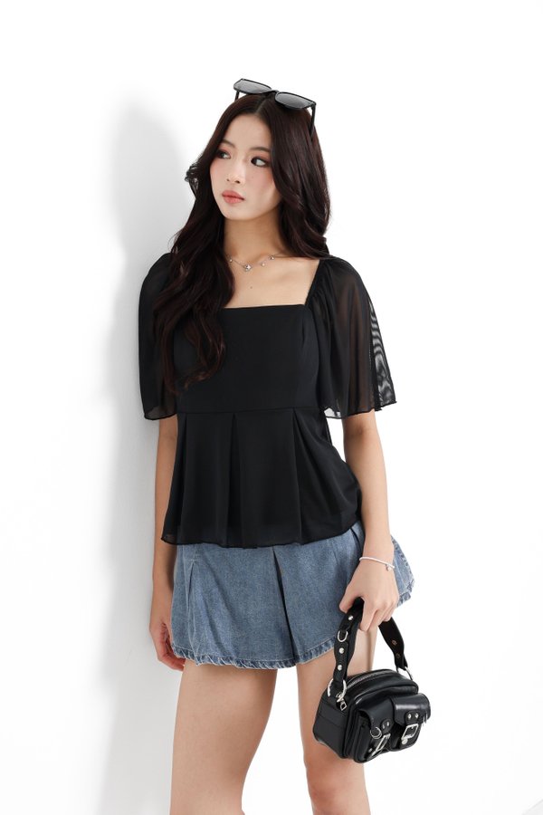 *TPZ LUXE MESH* ZELDA MESH FLUTTER SLEEVES TOP IN BLACK