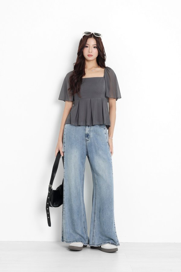 *TPZ LUXE MESH* ZELDA MESH FLUTTER SLEEVES TOP IN DARK GREY