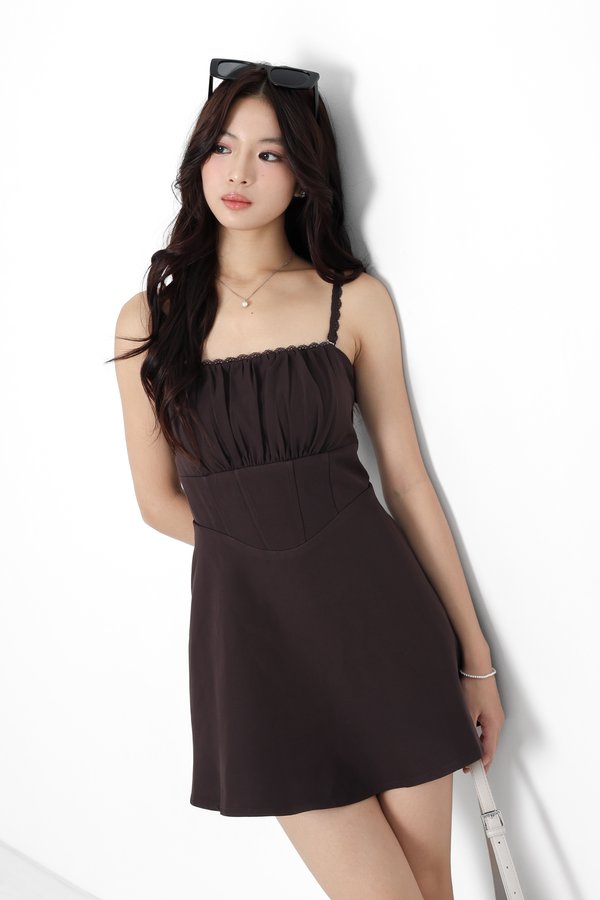 *TPZ* CANYA LACE CORSET DRESS ROMPER *WITH DETACHABLE SHORTS* IN FRIGGIN' BROWN