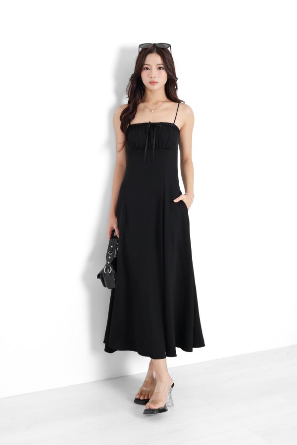 *TPZ* DIORELIA LACE RIBBON MAXI DRESS IN FULL BLACK WITH BLACK RIBBON
