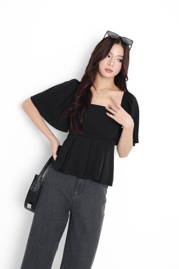 (PO ETA: END AUG) *TPZ* ZELDA FLUTTER SLEEVES FLOWY PLEATS TOP IN BLACK