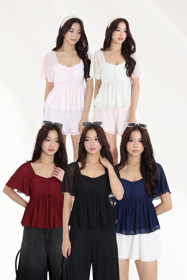 (PREORDER) *TPZ LUXE MESH* SERA BABYDOLL FLUTTER TOP (MULTIPLE COLOURS)