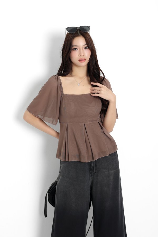 *TPZ LUXE MESH* ZELDA MESH FLUTTER SLEEVES TOP IN COFFEE (EM EXCLUSIVE)