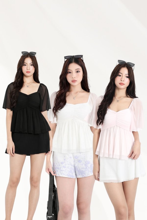 *TPZ HOUSE OF PLEATS* VELLA MESH BABYDOLL FLUTTER TOP (MULTIPLE COLOURS)