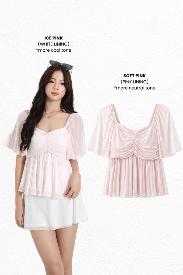 *TPZ HOUSE OF PLEATS* VELLA MESH BABYDOLL FLUTTER TOP (MULTIPLE COLOURS)