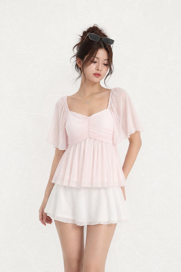 *TPZ HOUSE OF PLEATS* VELLA MESH BABYDOLL FLUTTER TOP (MULTIPLE COLOURS)