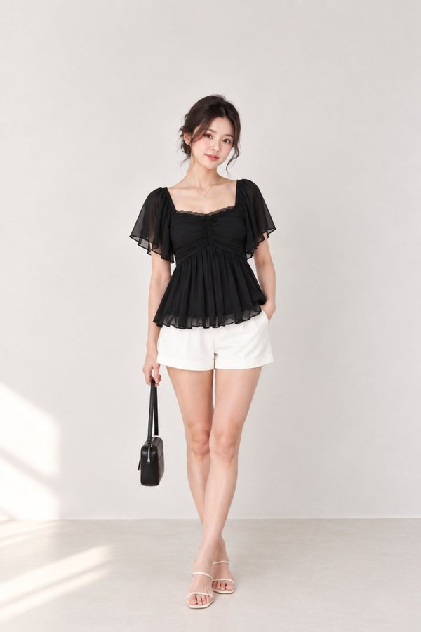 *TPZ HOUSE OF HER: LUXE MESH* VELLA MESH LACE BABYDOLL FLUTTER PLEATED TOP (SOLID COLOURS)