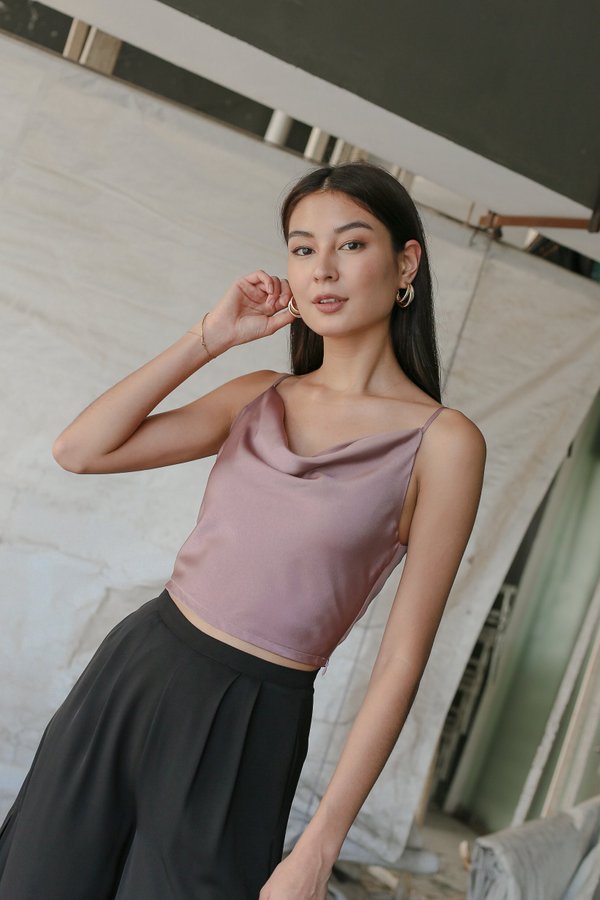 *TPZ* GLOW SATIN COWL NECK TOP IN ROSE