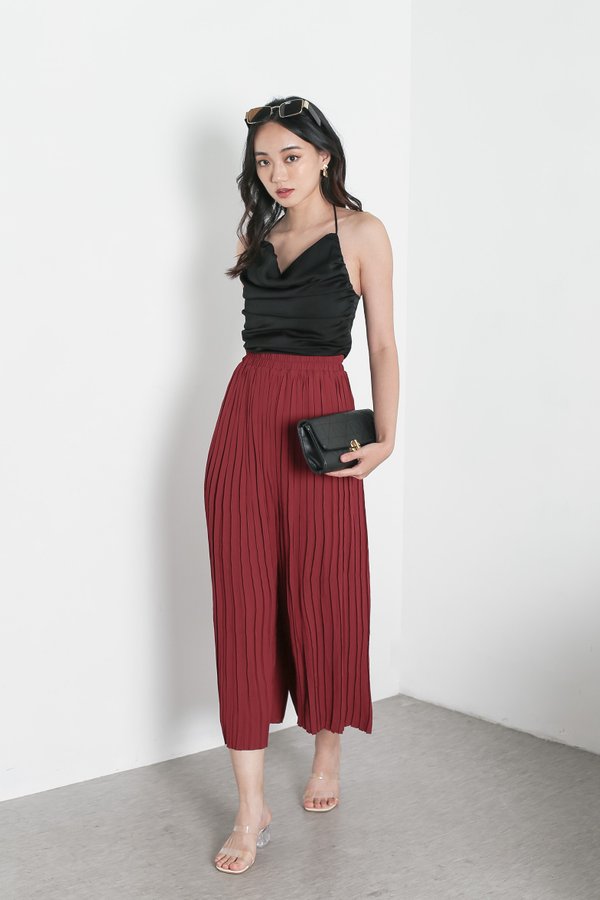 *TPZ* ZIA PLEATED PALAZZO PANTS IN WINE *WITH MATCHING SCRUNCHIE*