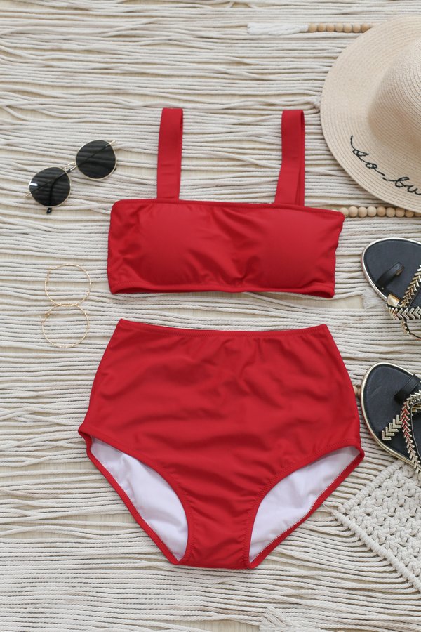 SQUARE NECK HIGH WAISTED 2 PC BIKINI SET IN RED