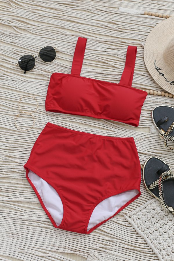 SQUARE NECK HIGH WAISTED 2 PC BIKINI SET IN RED