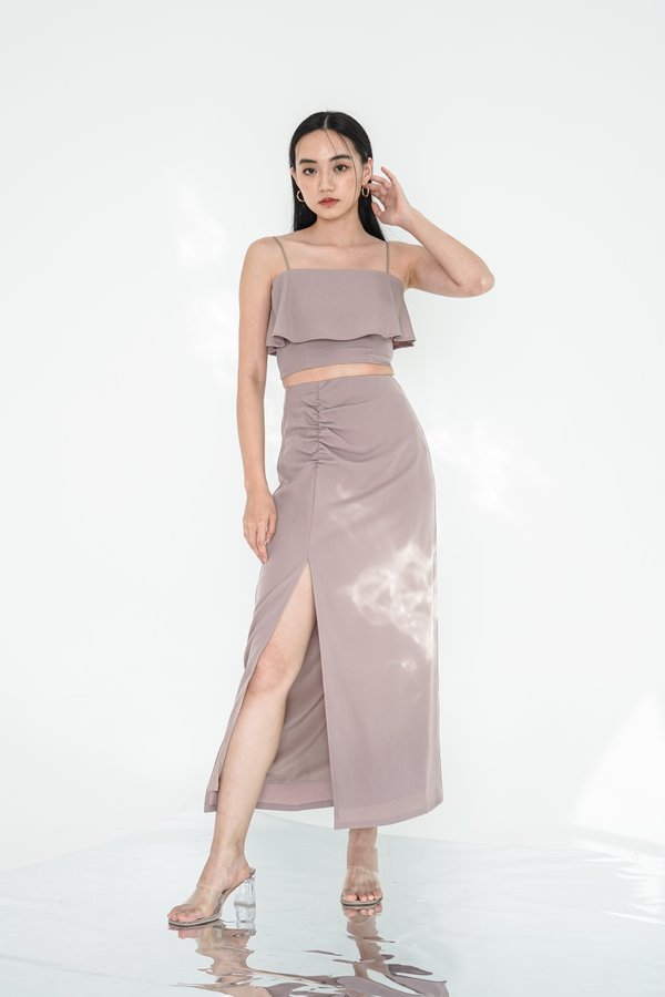 *TPZ* BLAIR RUCHED MAXI SKIRT IN NUDE TAUPE