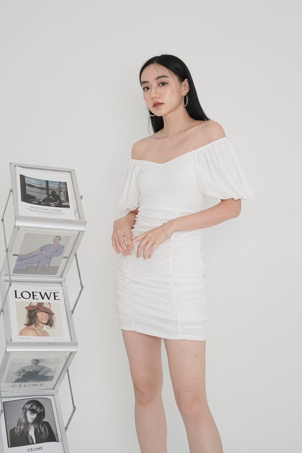 *TPZ* COSMOPOLITAN MESH RUCHED DRESS IN WHITE