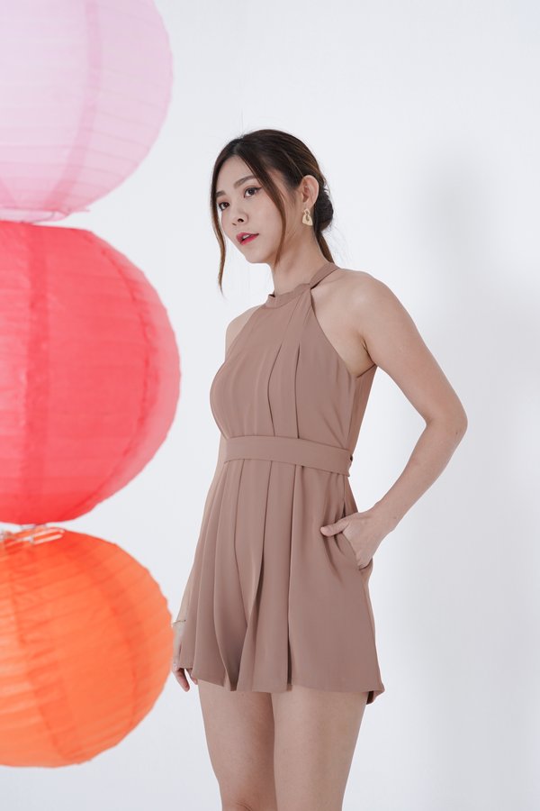 *TPZ* TRINITY PLEATED ROMPER (WITH SASH) IN MOCHA