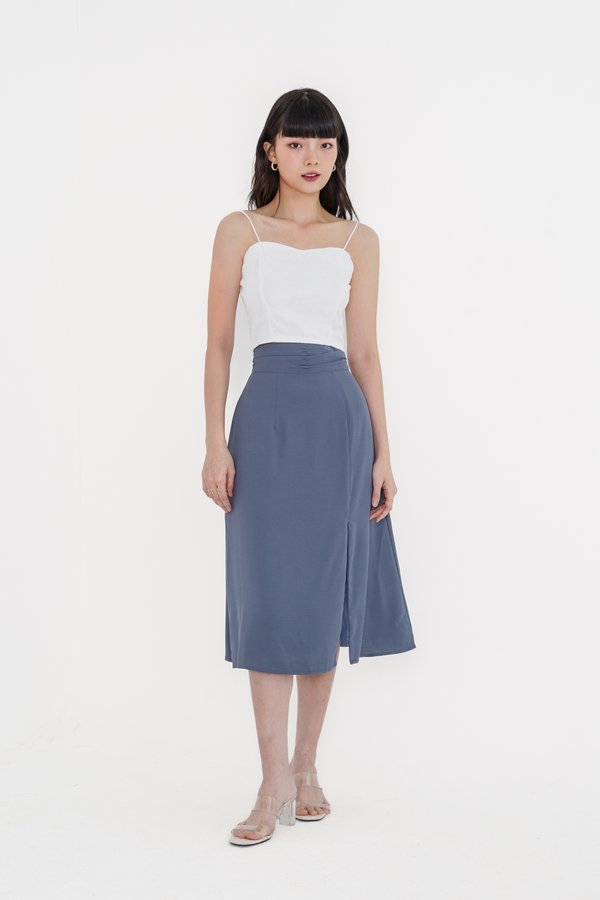 *TPZ* KORA RUCHED MIDI SKIRT WITH SLIT IN CASHMERE BLUE